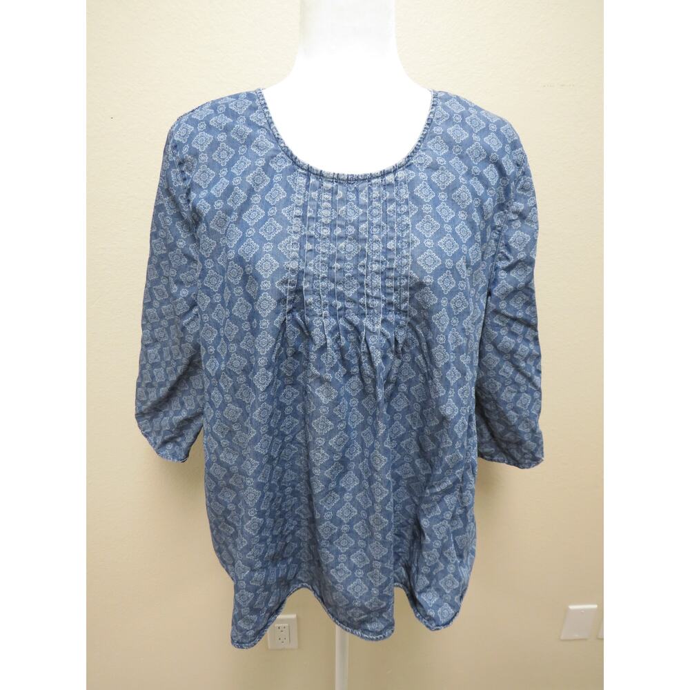 Ruby RD Women's Large Tencel Lyocell Blouse Top Denim Medallion Western Boho